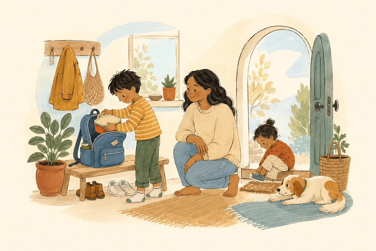A child packs a lunchbox into a backpack while a grown-up watches nearby. A younger child puts on a shoe.